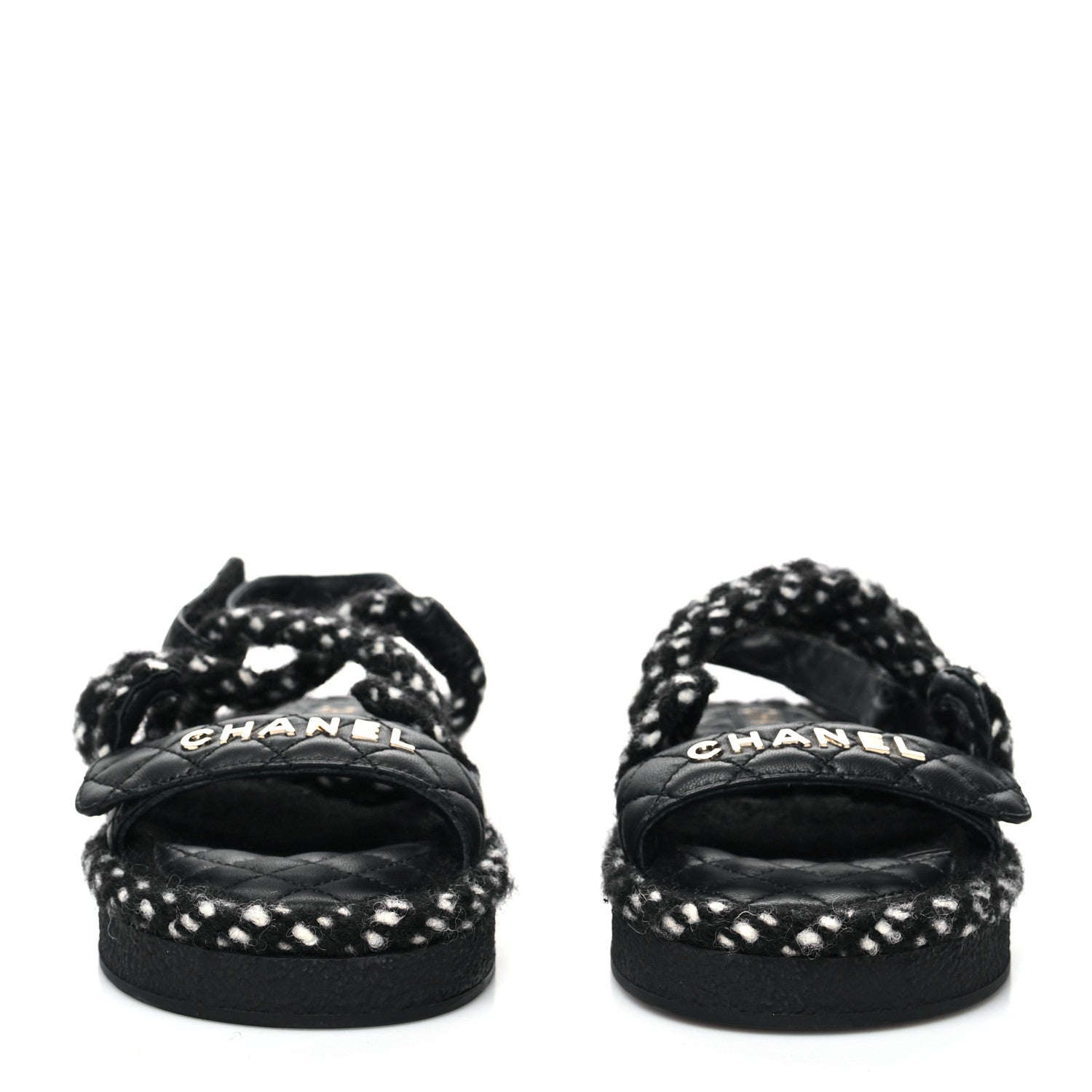 Chanel Cord Lambskin Quilted Logo Sandals 37 Black White 2 of 8