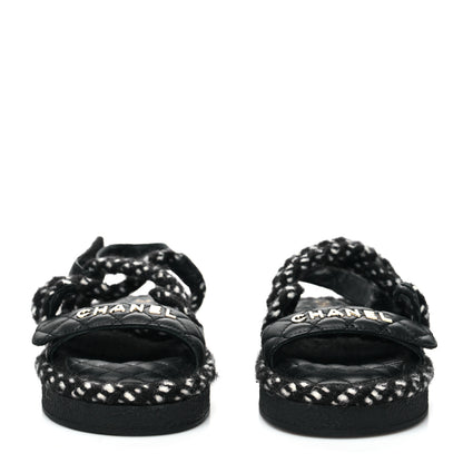 Chanel Cord Lambskin Quilted Logo Sandals 37 Black White 2 of 8