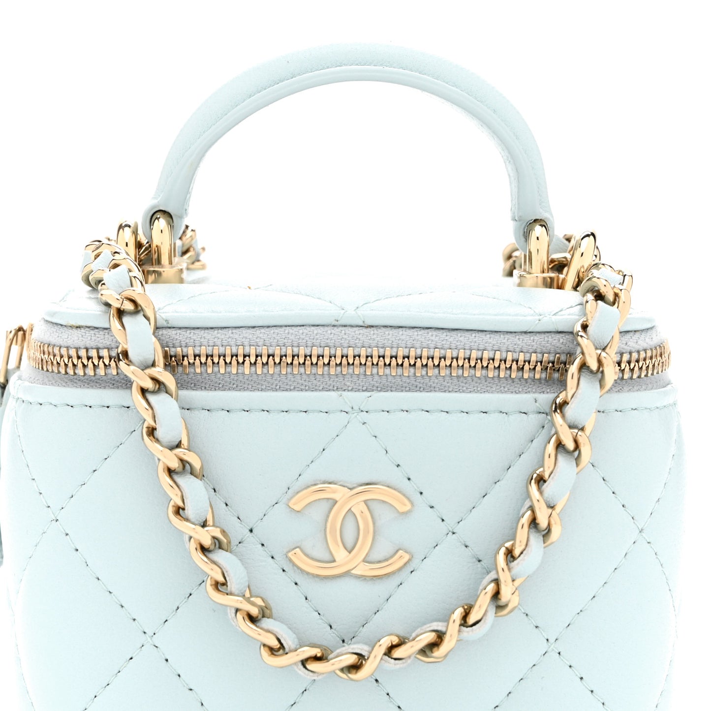 Lambskin Quilted Top Handle Mini Vanity Case With Chain Light Blue