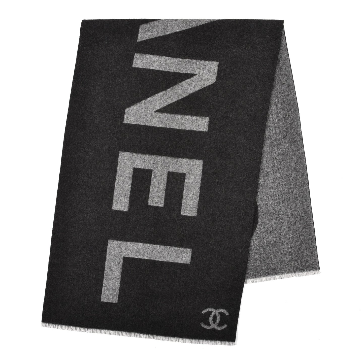 Cashmere Silk CC Logo Fringe Scarf Black Grey