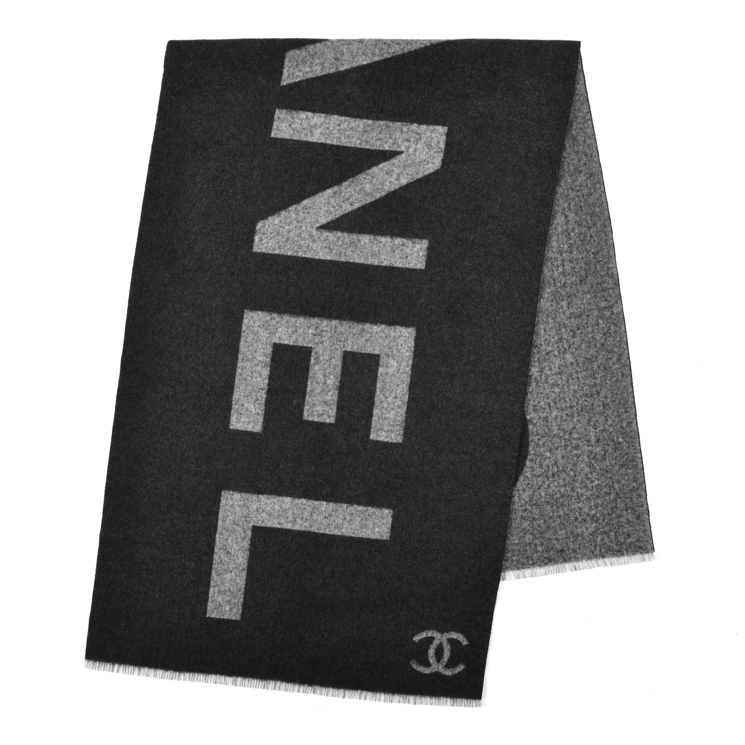 Chanel Cashmere Silk CC Logo Fringe Scarf Black Grey 2 of 4
