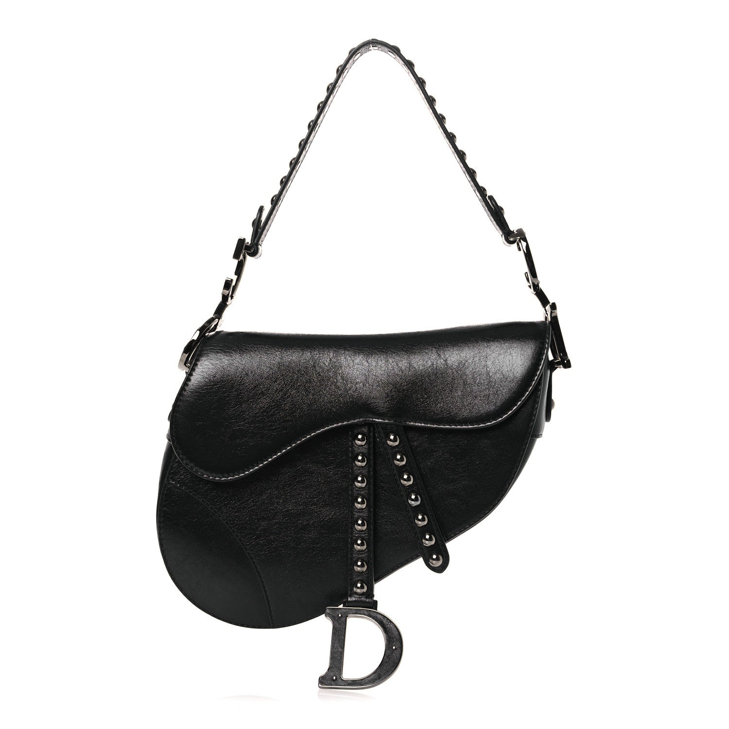 Christian Dior Shiny Crinkled Calfskin Studded Saddle Bag Black 1 of 12