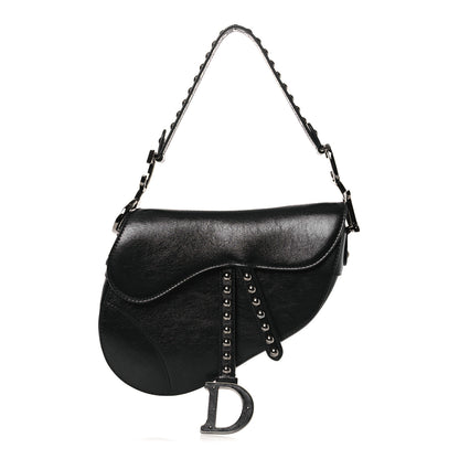 Christian Dior Shiny Crinkled Calfskin Studded Saddle Bag Black 1 of 12
