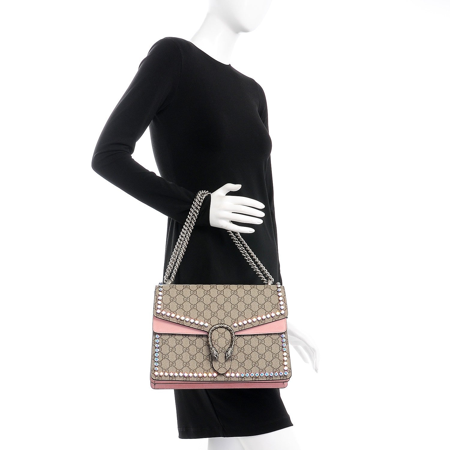 Gucci GG Supreme Monogram Suede Crystal Medium Dionysus Shoulder Bag Beige Ebony Light Peonia 2 of 8