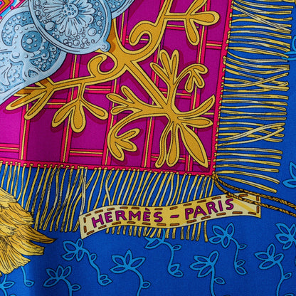 Hermes Silk Cavaliers du Caucase Scarf 90 Cobalt Fuchsia Vieil Or 3 of 5