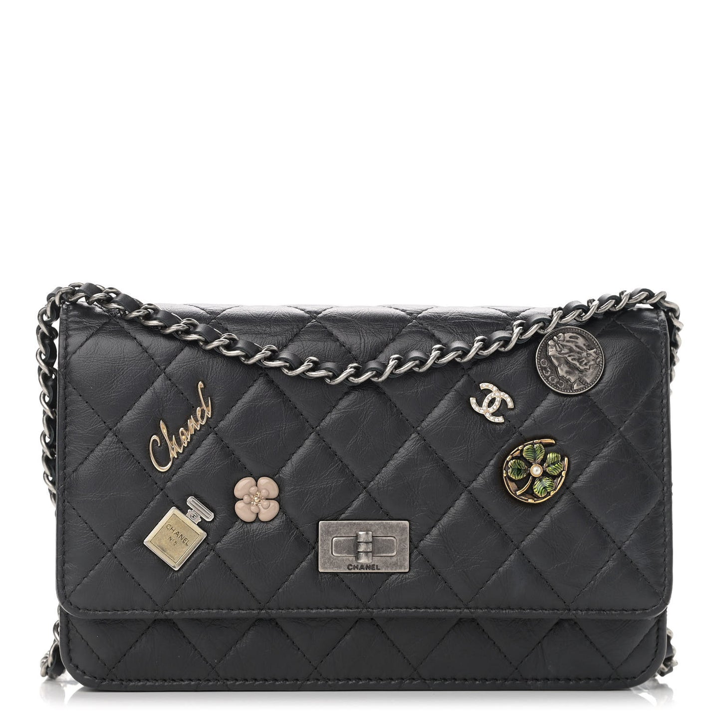 Aged Calfskin Quilted Lucky Charms 2.55 Reissue Wallet On Chain WOC Black