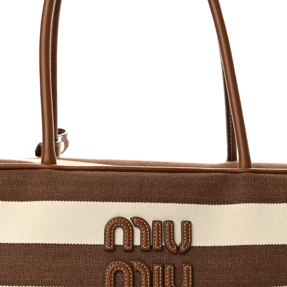 Miu Miu Canvas Calfskin Striped Large Beau Top Handle Bag Cacao Naturale 7 of 9