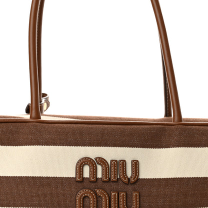 Miu Miu Canvas Calfskin Striped Large Beau Top Handle Bag Cacao Naturale 7 of 9