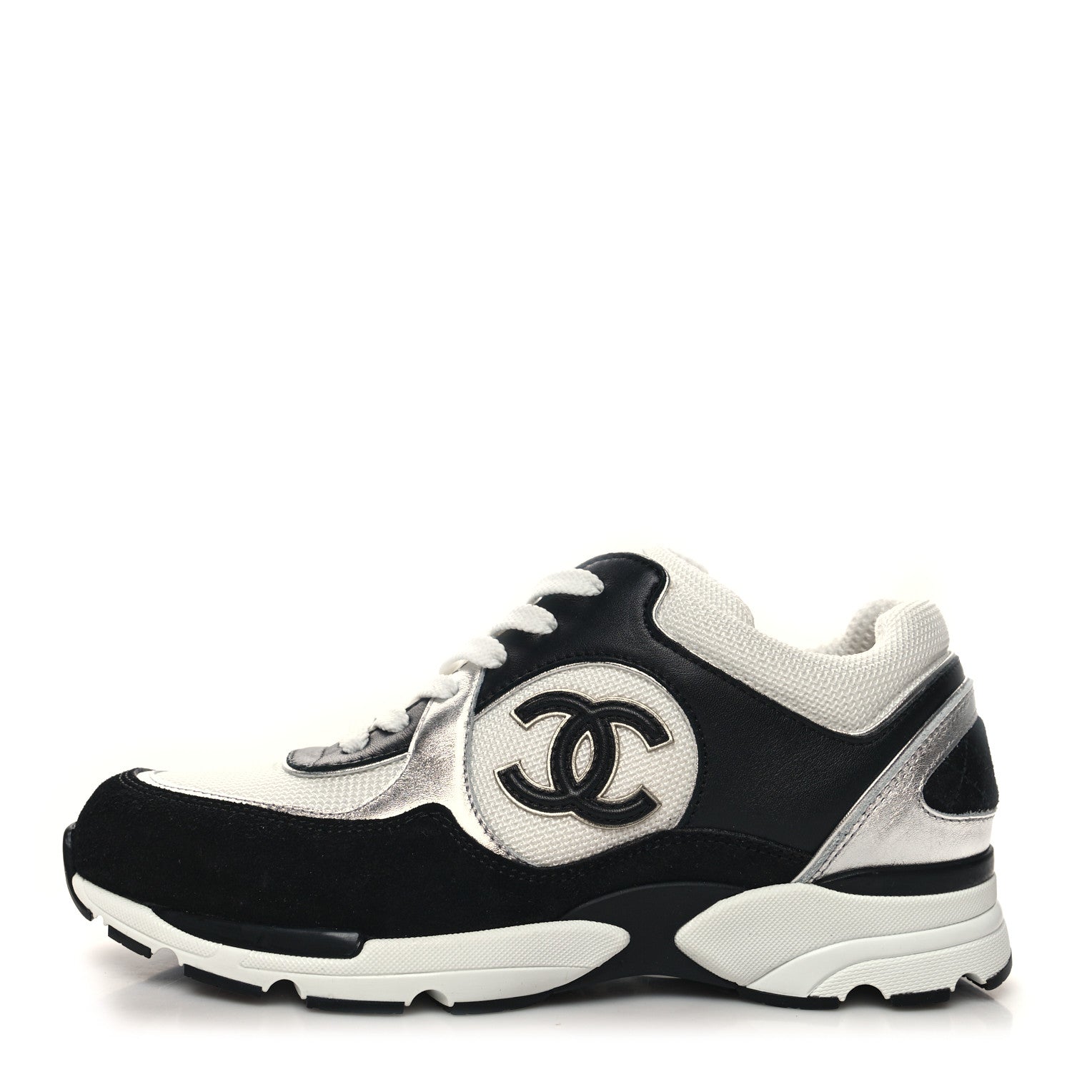 Chanel Mesh Suede Calfskin Grained Calfskin Womens CC Sneakers 38 Black White 1 of 8