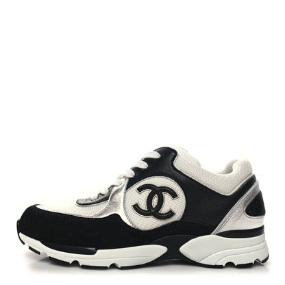 Chanel Mesh Suede Calfskin Grained Calfskin Womens CC Sneakers 38 Black White 1 of 8