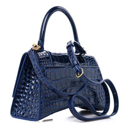 Balenciaga Shiny Calfskin Crocodile Embossed Small Hourglass Top Handle Bag Navy 3 of 9