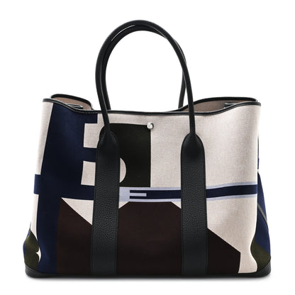 Hermes Toile H Plume Negonda Voyage Garden Party Tote 49 Bleu Indigo Ecru Beige Black 1 of 9