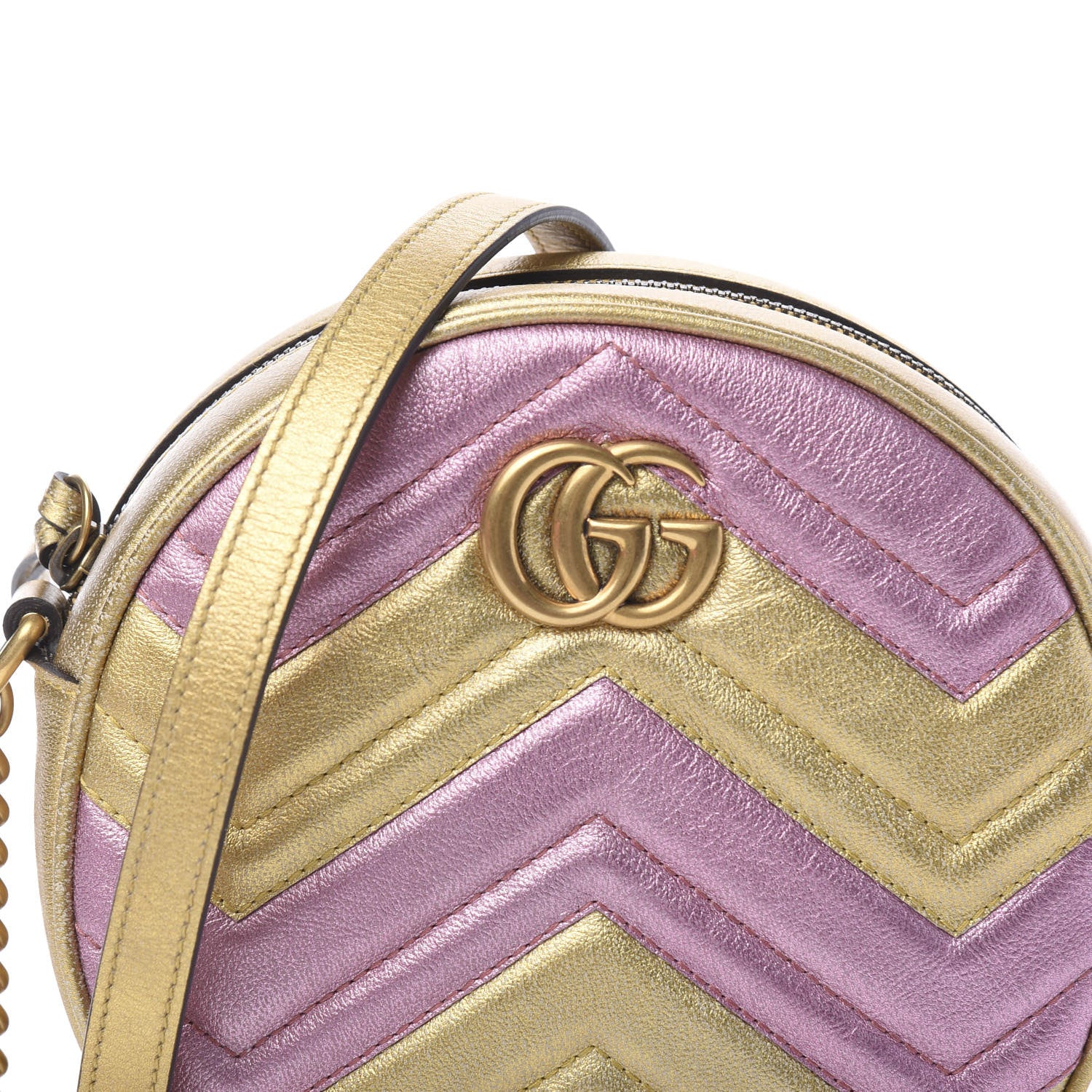 Gucci Metallic Calfskin Matelasse Mini GG Marmont Round Shoulder Bag Gold Pink 9 of 10