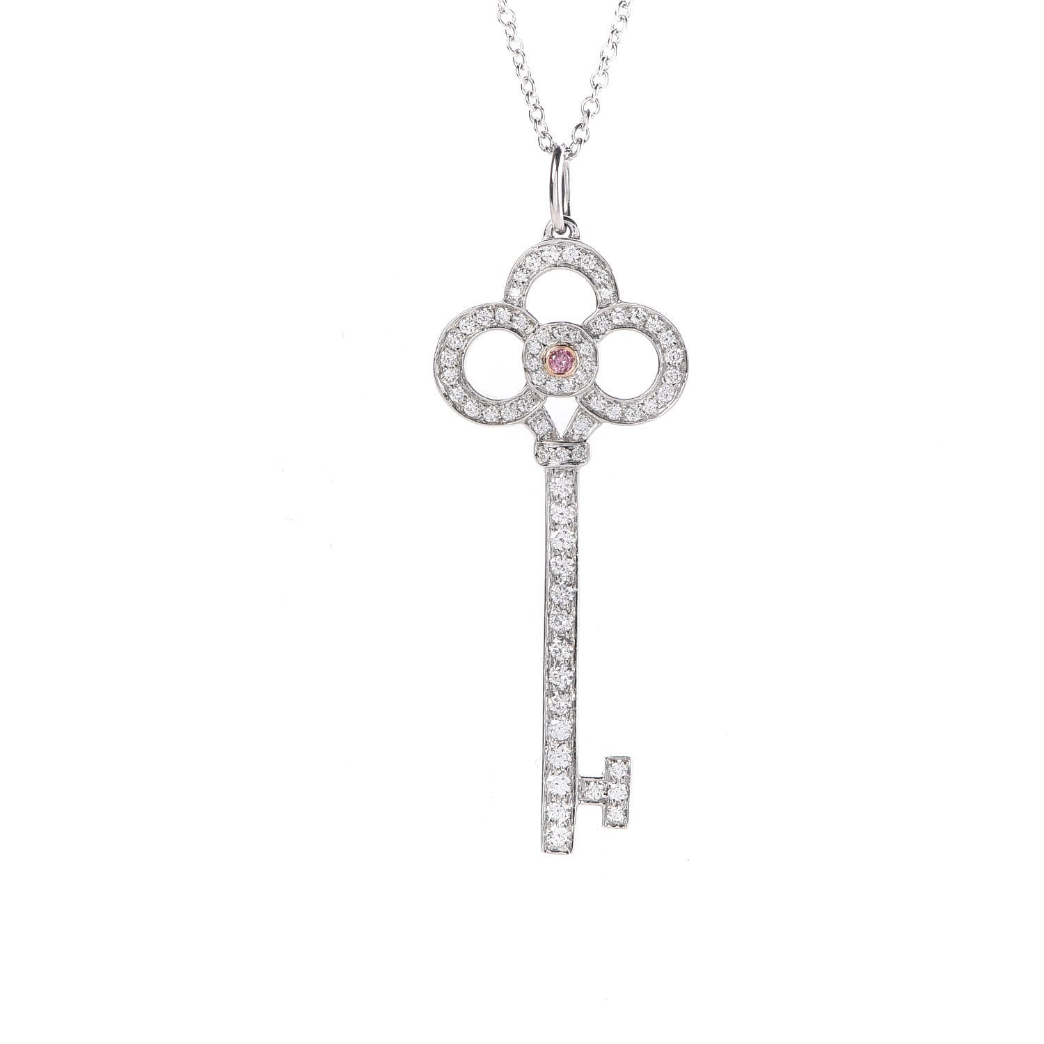 Tiffany Platinum 18K Rose White Gold Fancy Pink Diamond Crown Key Pendant Necklace 4 of 9