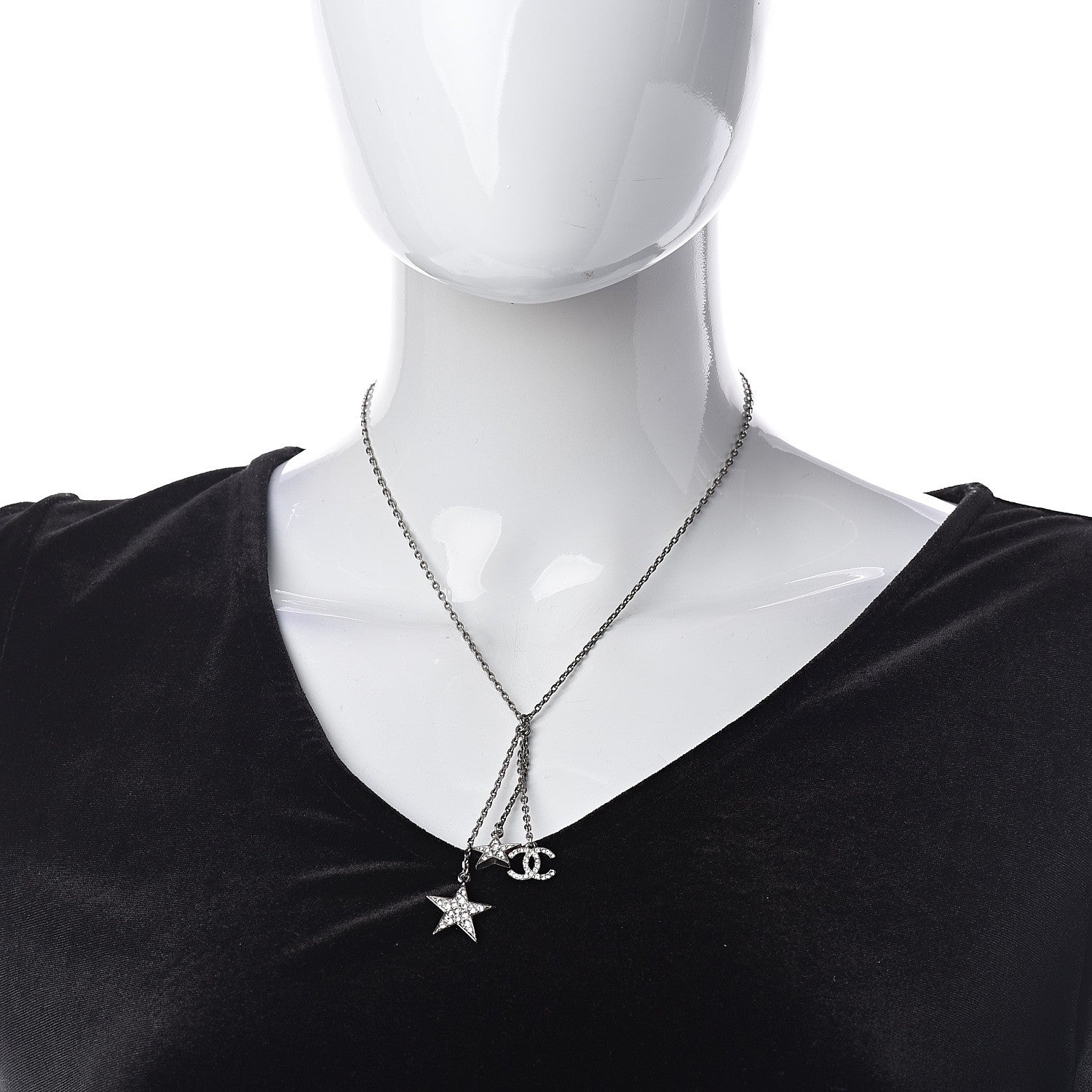 Chanel Crystal Glitter Enamel CC Star Drop Necklace Silver 2 of 4