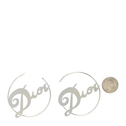 Christian Dior Metal Script Creole Hoop Earrings Silver 3 of 4