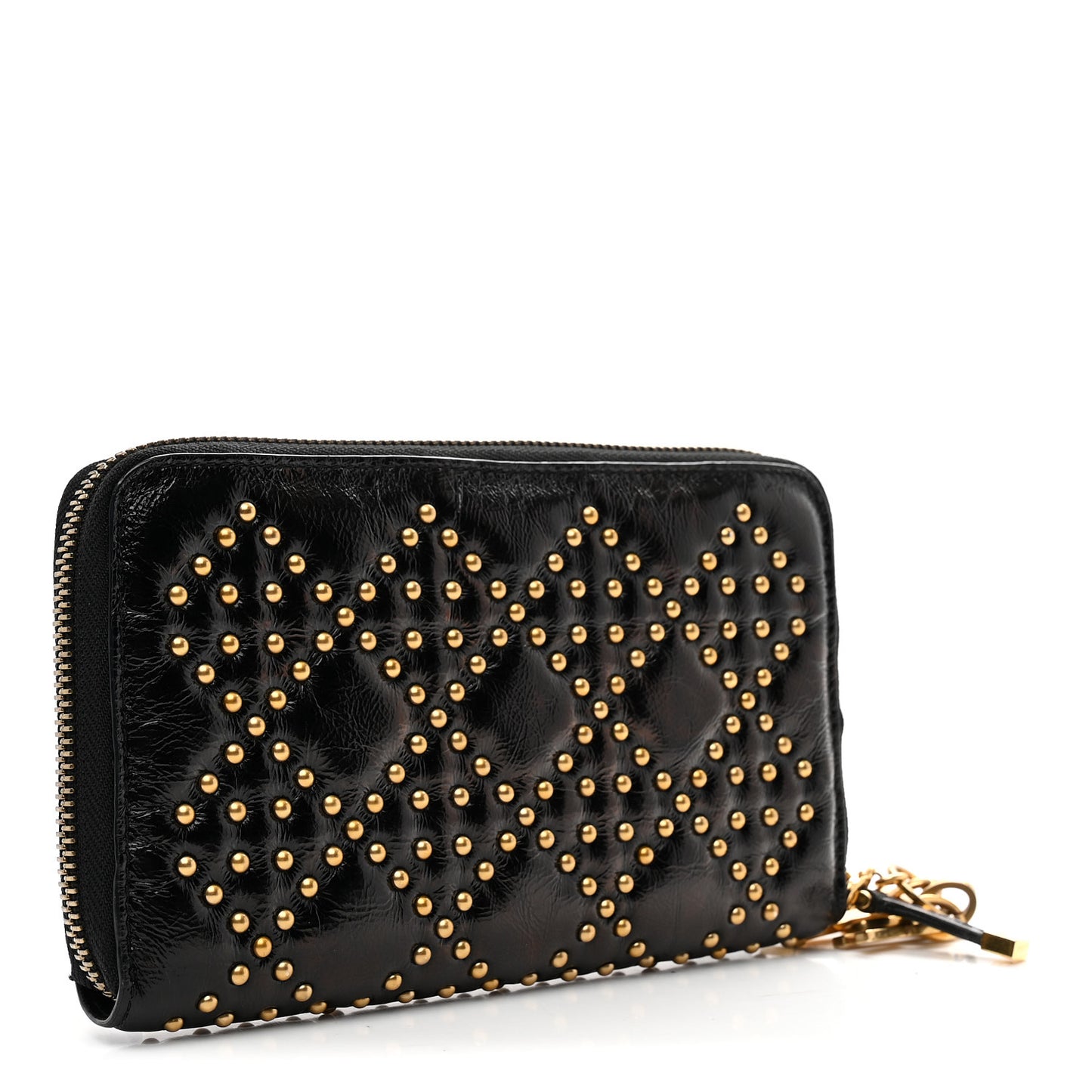 Patent Studded Supple Lady Dior Zip Wallet Black
