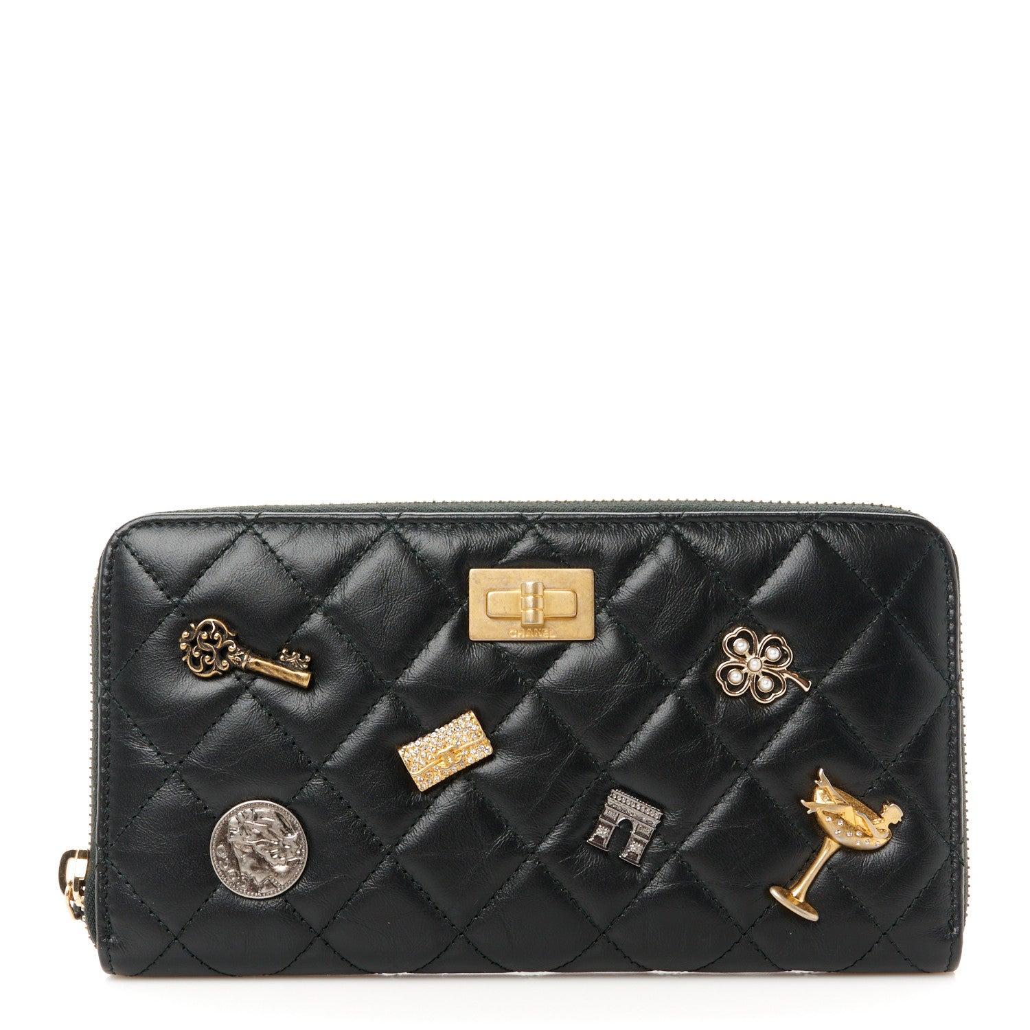 Chanel Aged Calfskin Quilted Lucky Charms 2.55 Reissue Zip Around Wallet Black 1 of 10