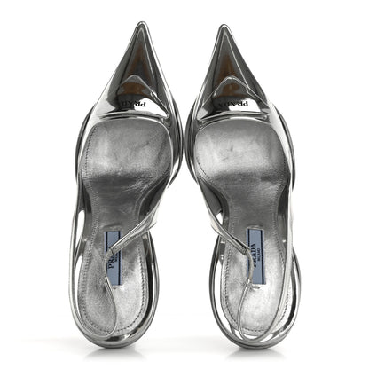 Prada Spazzolato Triangle Logo Pointed Toe 45mm Slingback Pumps 36.5 Argento 2 of 11