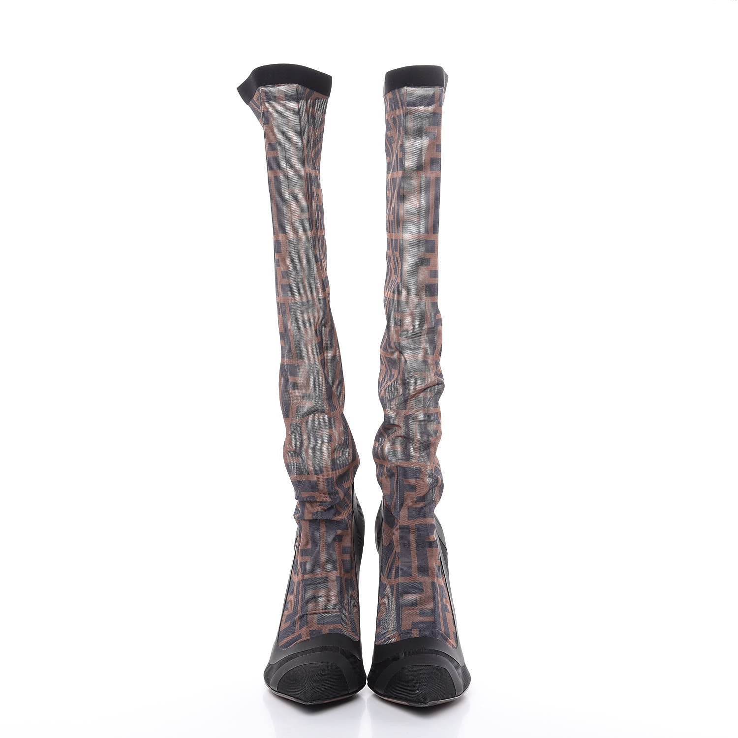 Fendi Technical Mesh FF Colibri High Heel Knee High Boots 35 Black Tobacco 2 of 9