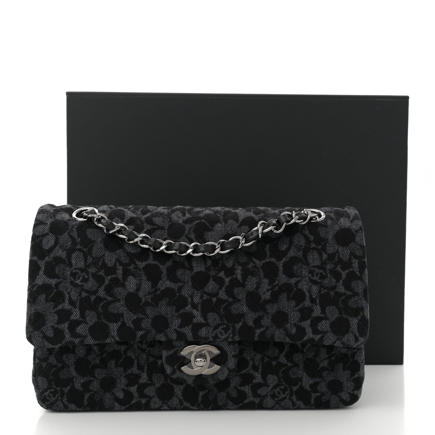 Chanel Printed Denim Quilted Flower Medium Double Flap Black 11 of 11