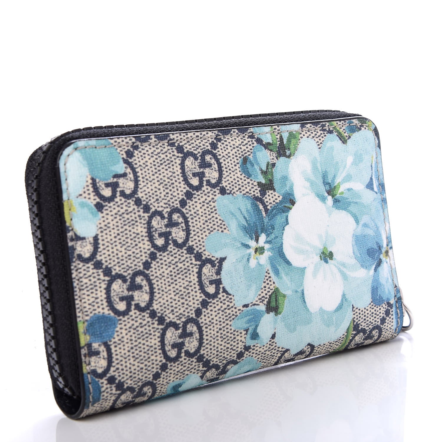 Gucci GG Supreme Monogram Blooms Zip Around Card Case Wallet Beige Blue Navy 3 of 7