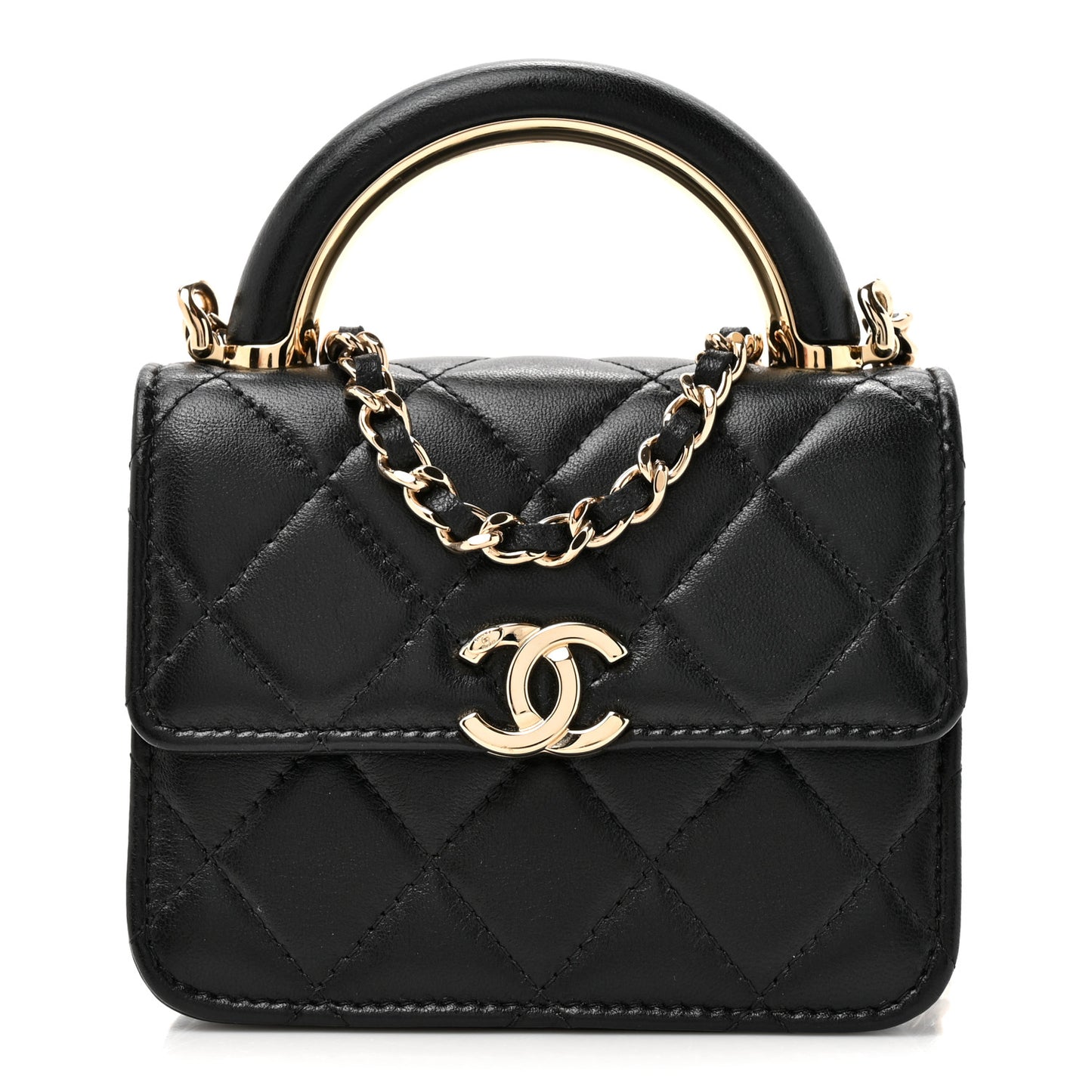 Lambskin Quilted Top Handle Flap Clutch With Chain Black
