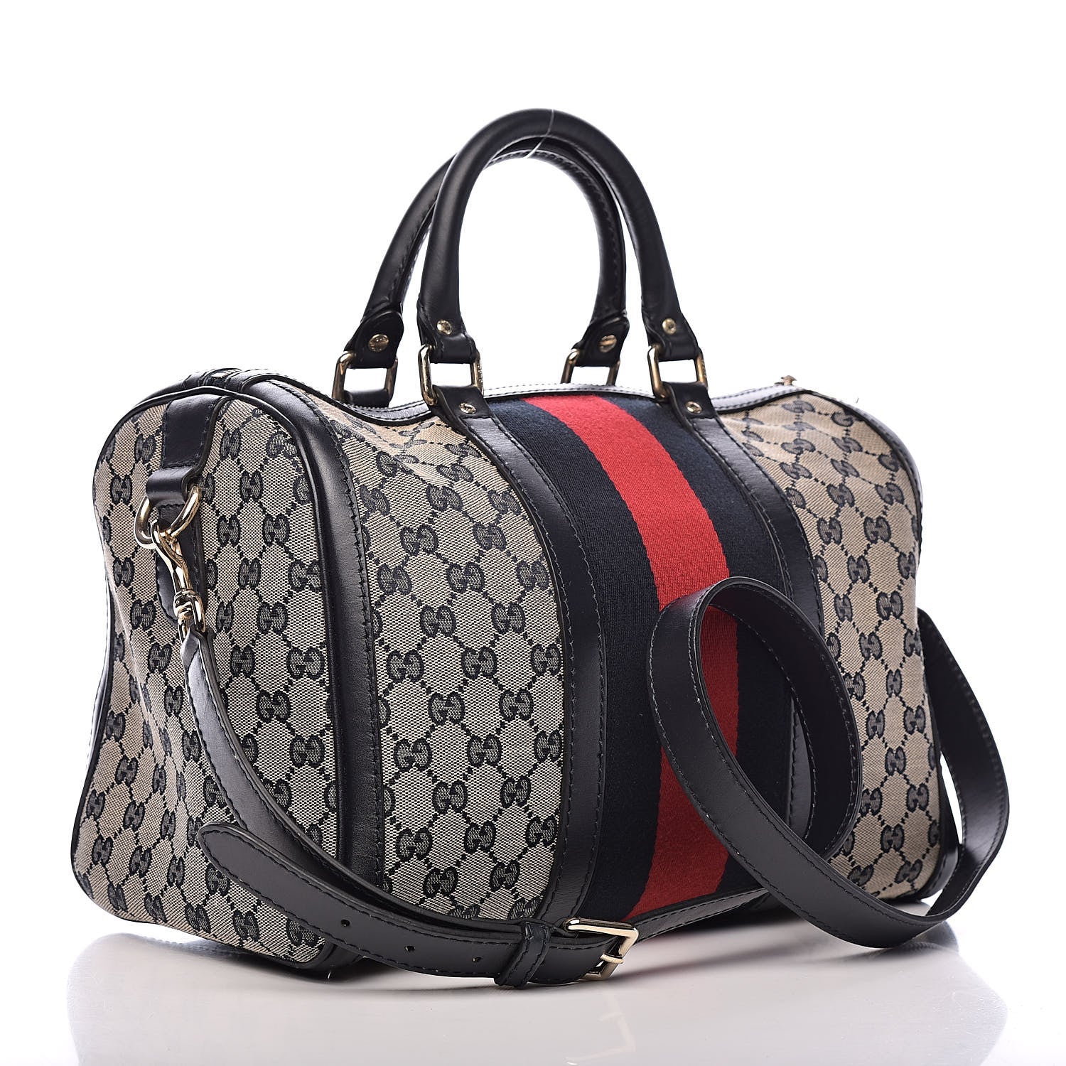 Gucci Monogram Selleria Calfskin Vintage Web Medium Boston Beige Blue 3 of 10