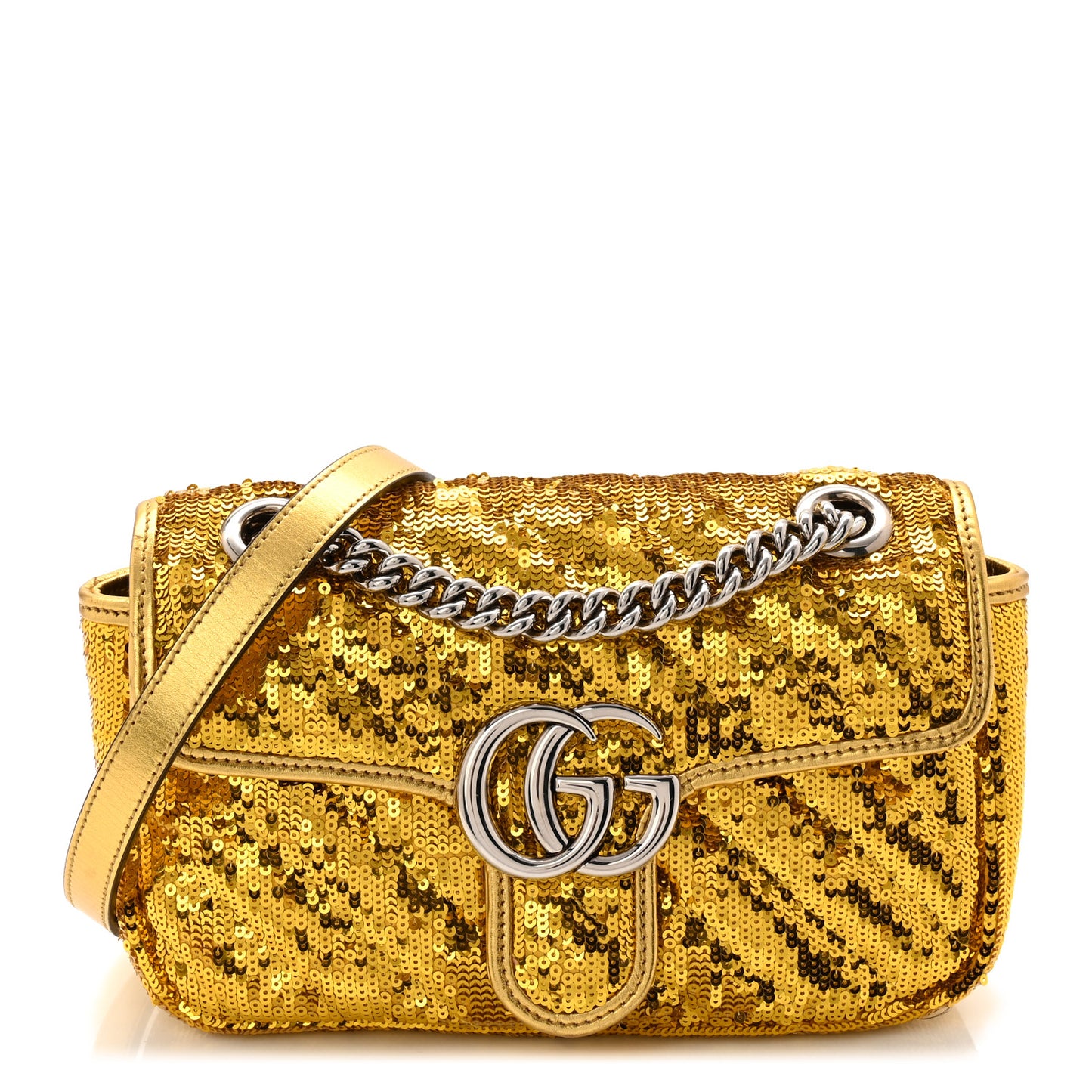 Sequin Matelasse Diagonal Mini GG Marmont Shoulder Bag Gold