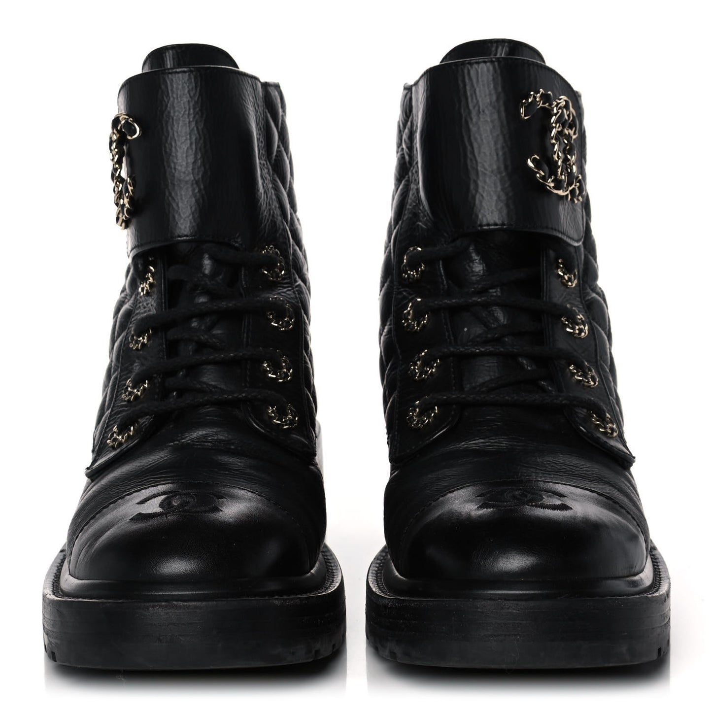 Shiny Goatskin Calfskin Quilted Lace Up Combat Boots 38.5 Black