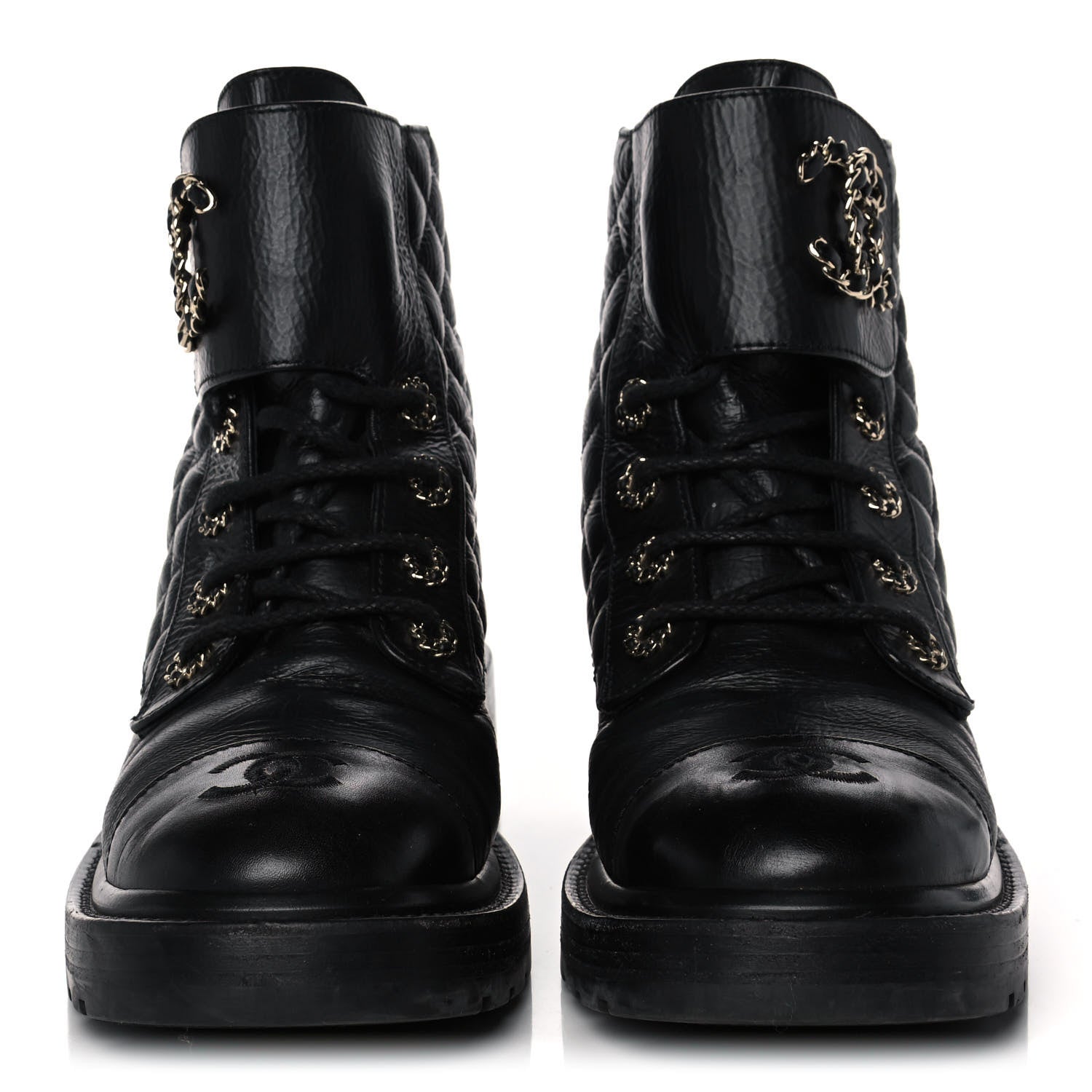 Chanel Shiny Goatskin Calfskin Quilted Lace Up Combat Boots 38.5 Black 2 of 11