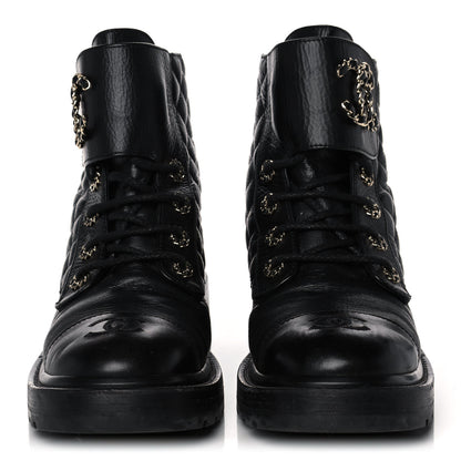 Chanel Shiny Goatskin Calfskin Quilted Lace Up Combat Boots 38.5 Black 2 of 11