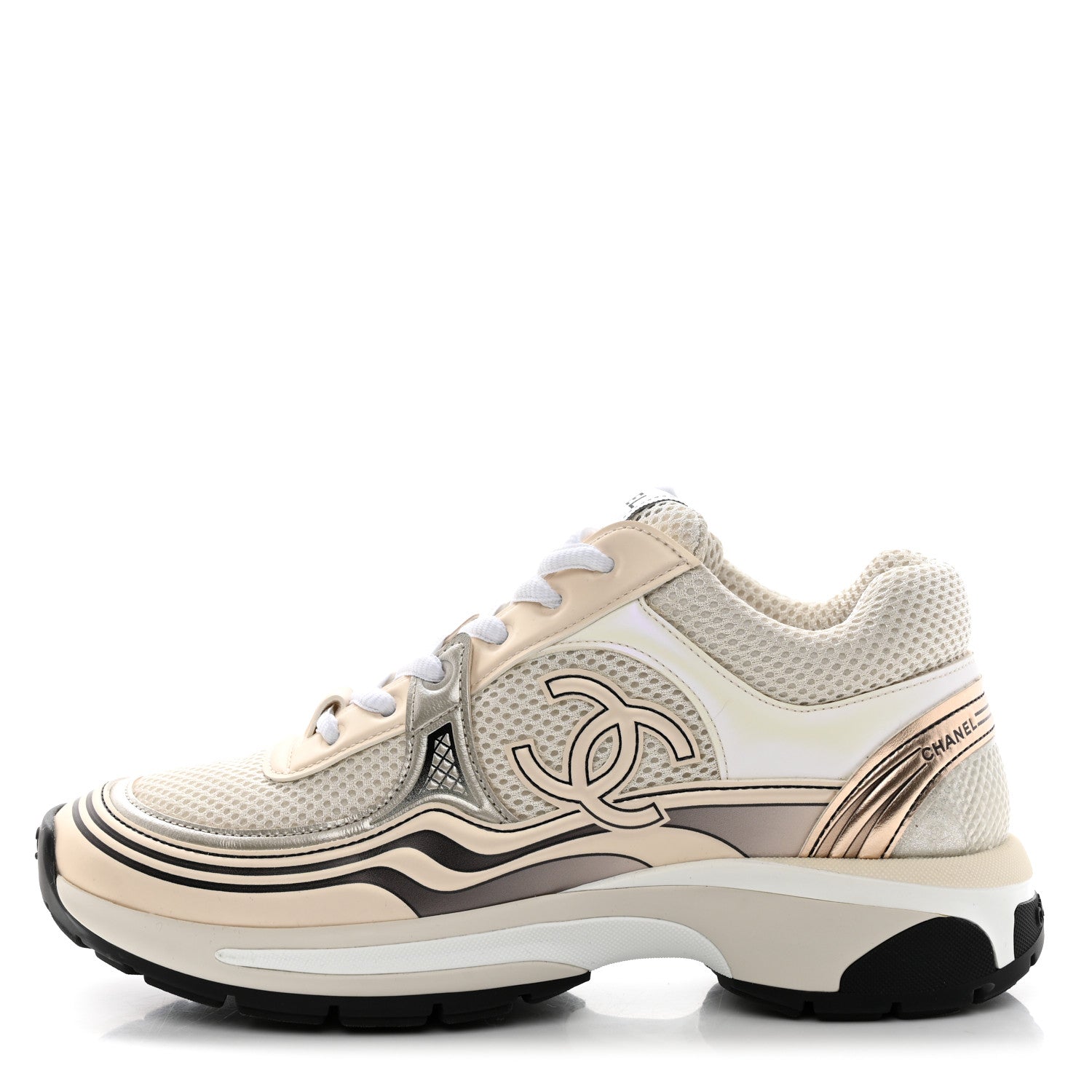 Chanel Fabric Laminated Calfskin Stretch CC Womens Sneakers 37 White Gold Silver 1 of 8