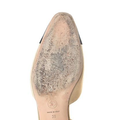 Chanel Kid Suede Satin Cap Toe CC Slingback Pumps 39 Beige Black 10 of 11