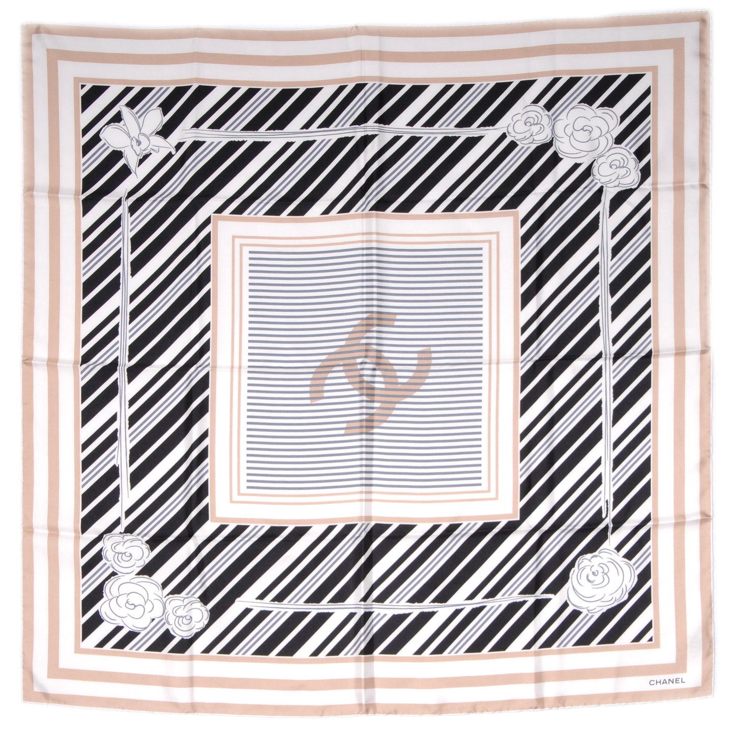 Silk Camellia Stripe CC Scarf Beige Black