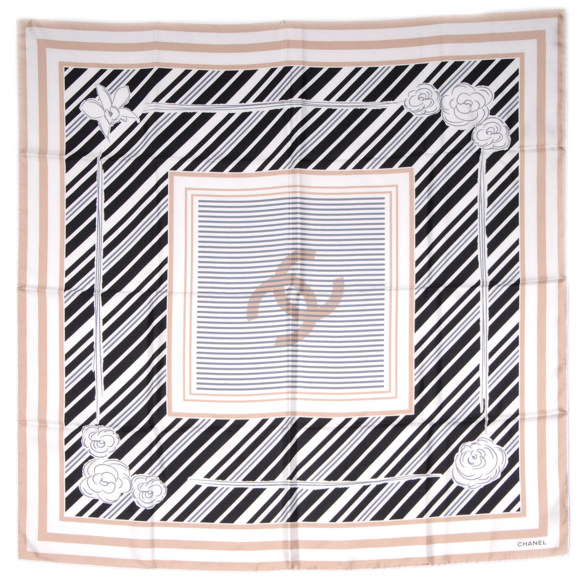 Chanel Silk Camellia Stripe CC Scarf Beige Black 2 of 5