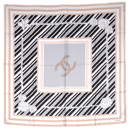 Chanel Silk Camellia Stripe CC Scarf Beige Black 2 of 5