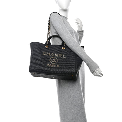 Chanel Straw Raffia Calfskin Chain Medium Deauville Black 2 of 10
