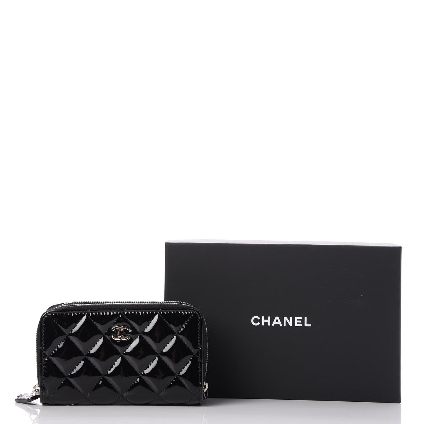 Patent Calfskin Quilted Zip Around Phone Holder Black