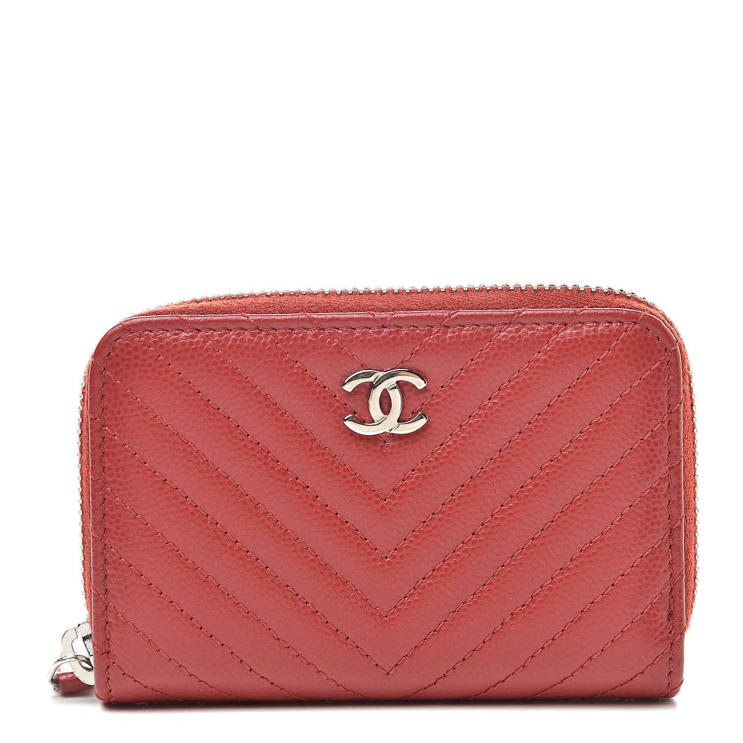Chanel Caviar Chevron Quilted Zip Around Coin Purse Red 1 of 8