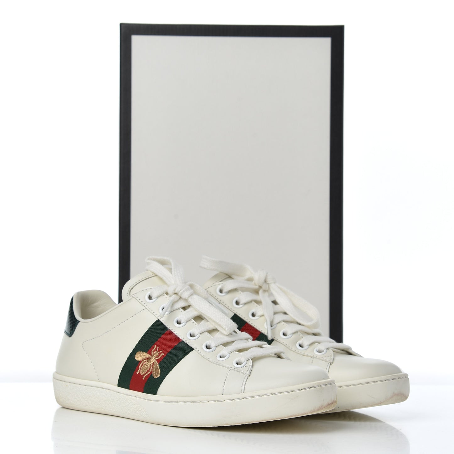 Calfskin Ayers Bee Embroidered Womens Ace Sneakers 35 White Green