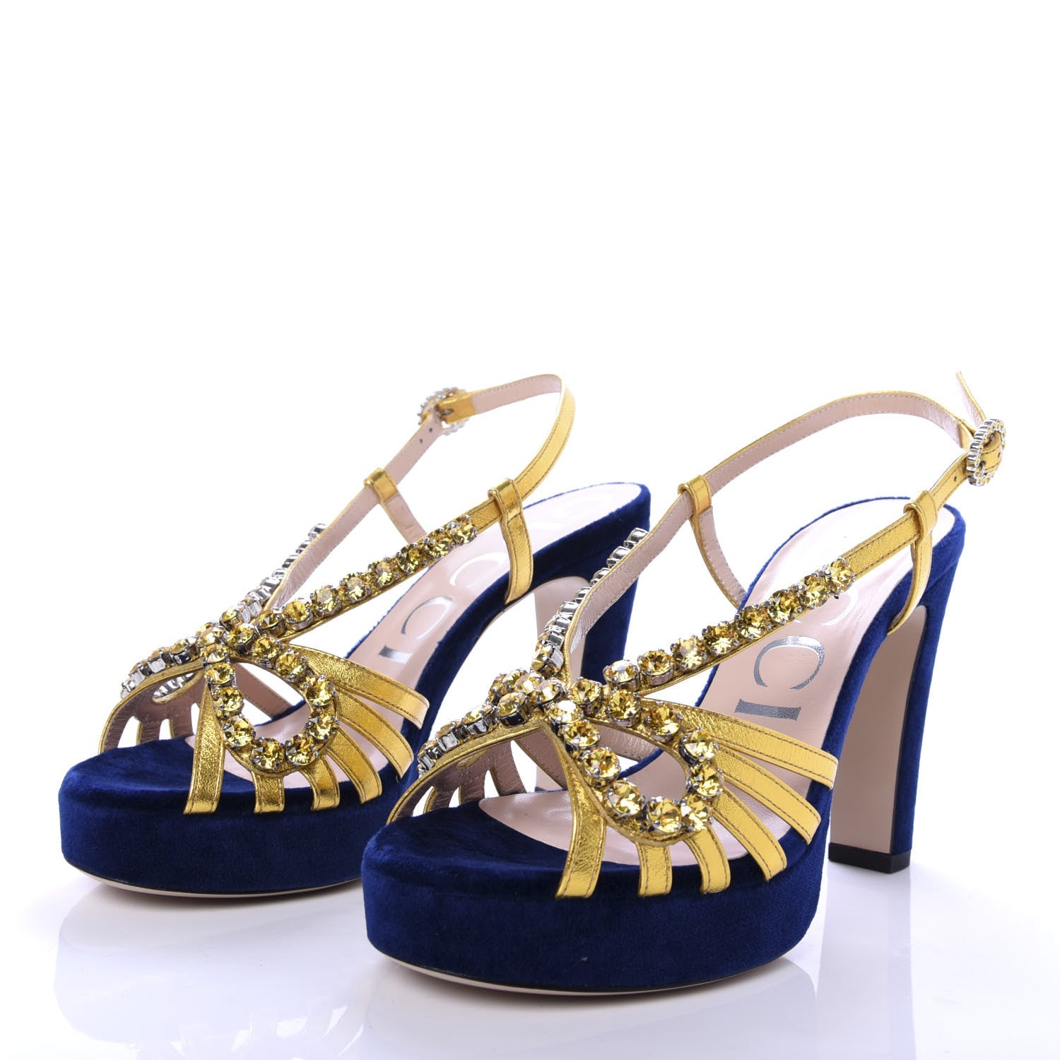 Gucci Velvet Crystal Zephyra Slingback Platform High Heel Sandals 36 Blue Gold 3 of 9