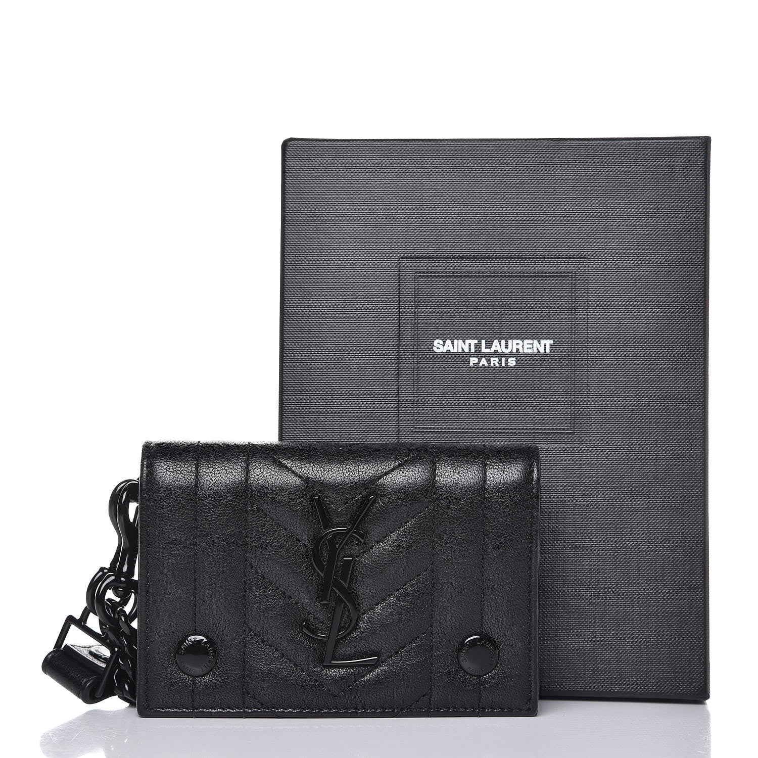 Saint Laurent Sheepskin Matelasse Monogram Rider Poncho Chain Snap Wallet Black 8 of 8