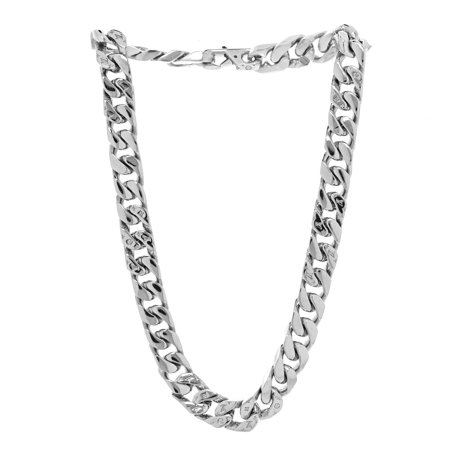 Louis Vuitton Metal Monogram Etched LV Chain Links Necklace Silver 3 of 5