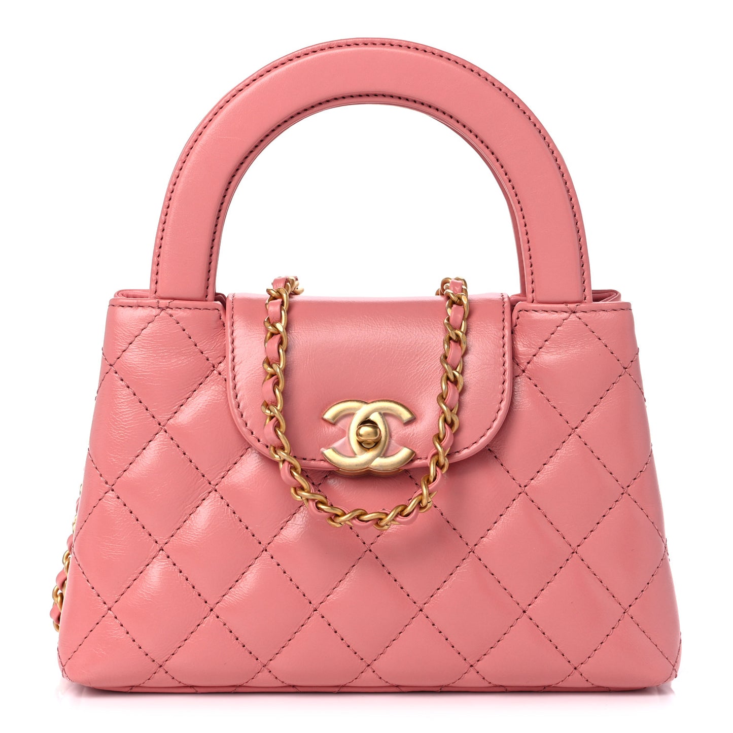 Shiny Aged Calfskin Quilted Nano Kelly Shopper Coral Pink
