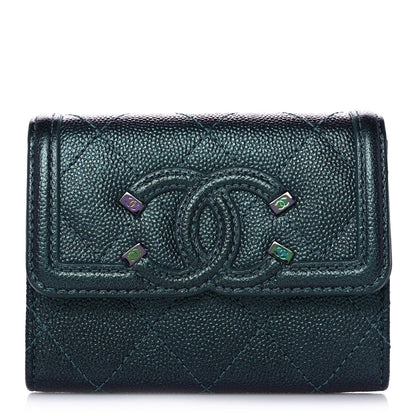 Chanel Iridescent Caviar Quilted Filigree Flap Card Holder Dark Turquoise 1 of 10