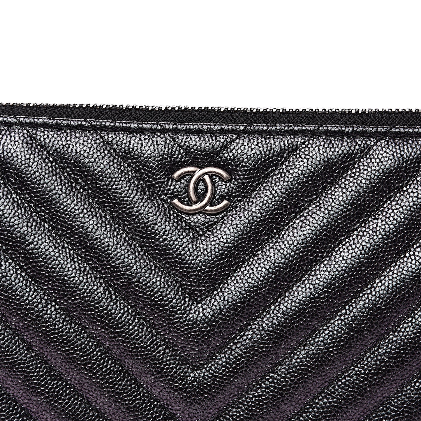 Iridescent Caviar Chevron Quilted Medium Cosmetic Case Black
