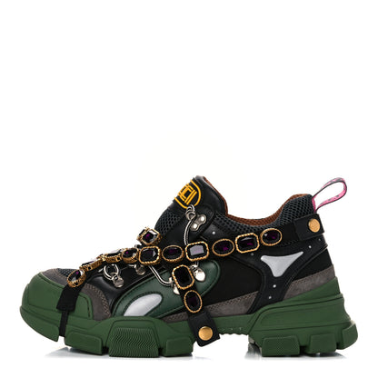 Gucci X SEGA Mesh Suede Calfskin Removable Crystals Mens Flashtrek Sneakers 8.5 Loess Black Olive Green 1 of 13