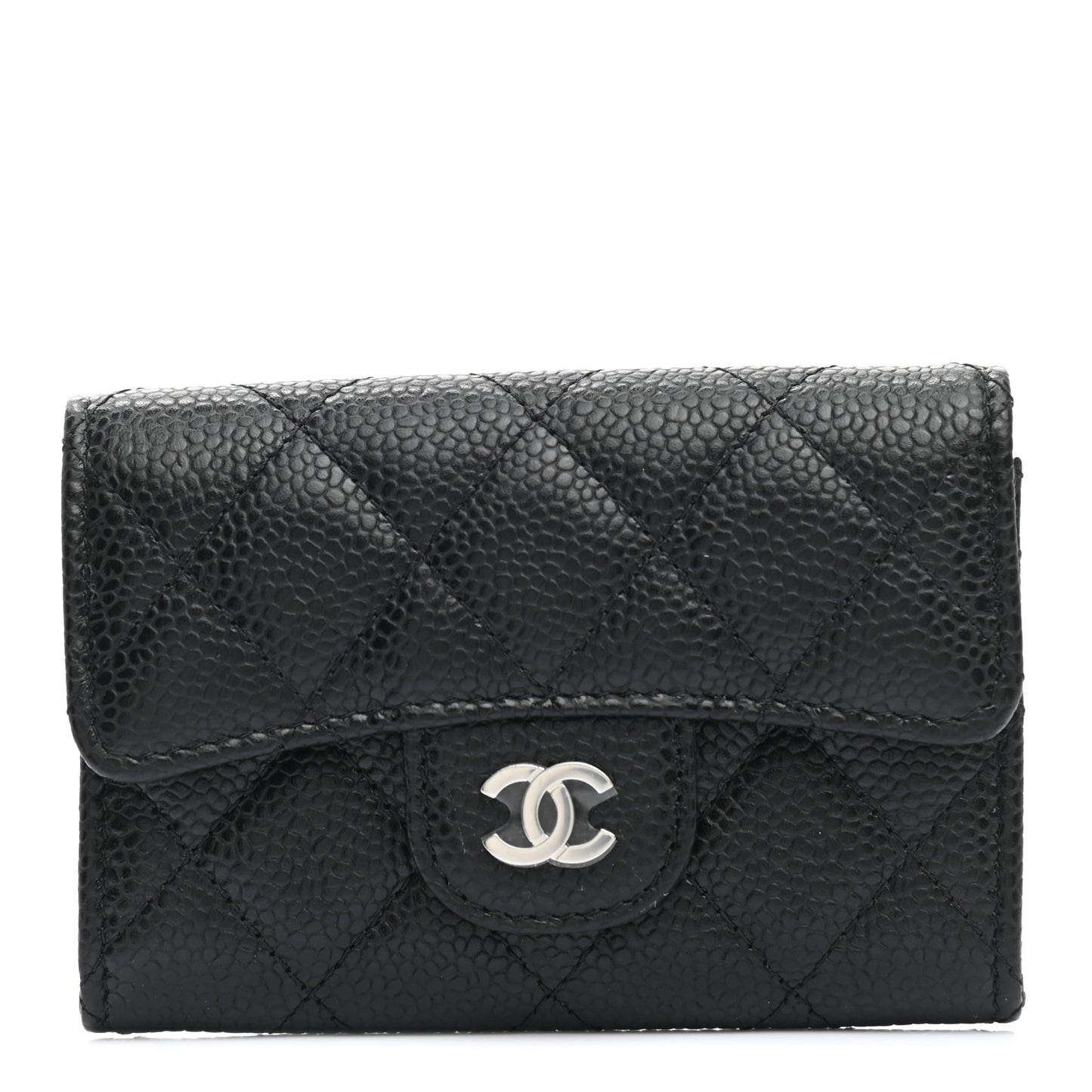 Caviar Quilted Flap Card Holder Wallet Black