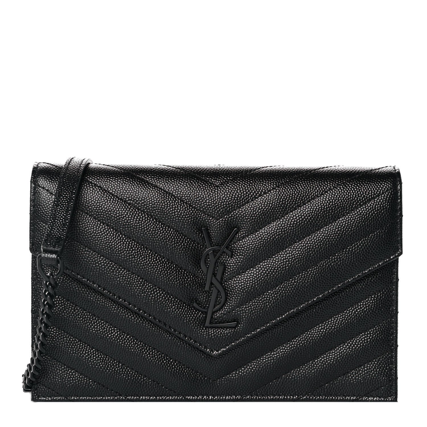 Saint Laurent Grain De Poudre Matelasse Chevron Monogram Monochrome Envelope Chain Wallet Black 1 of 9